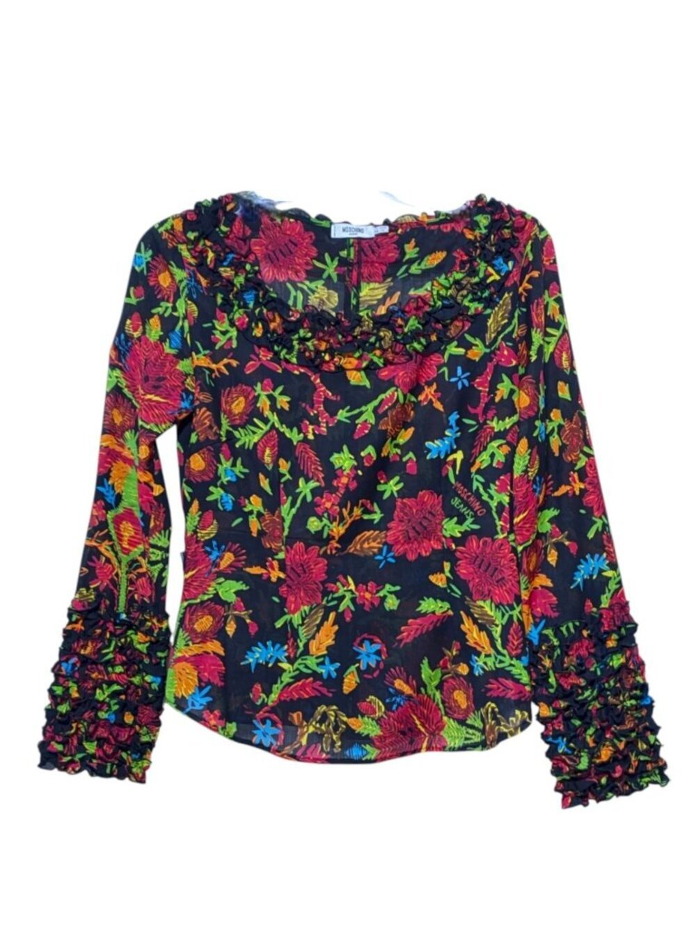 Y2K Moschino Ruffle Top 14 Boat Neck Semi Sheer Maximalist Dark Fairy Goth